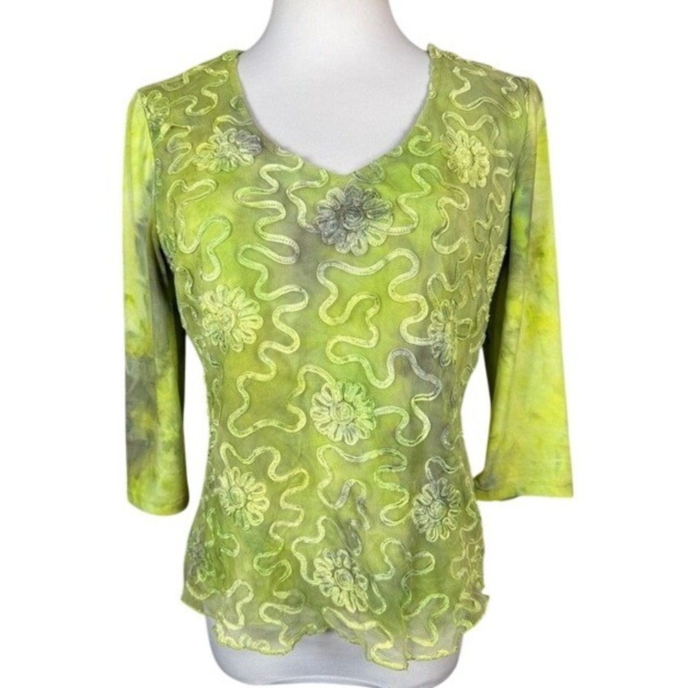 Tribal Womens Lime Green Tie Dye Floral Embroidered Mesh V-Neck Top L 39600-349
